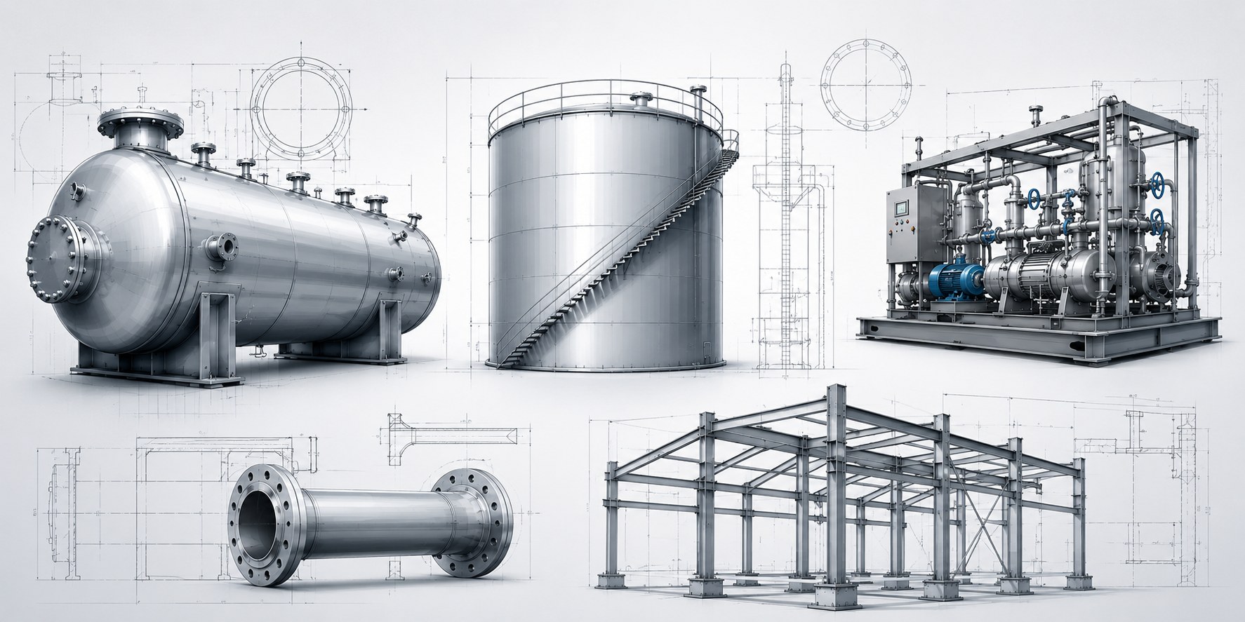 Steelcore Equipments product range: pressure vessel, storage tank, skid-mounted package, pipe spool and structural steel frame